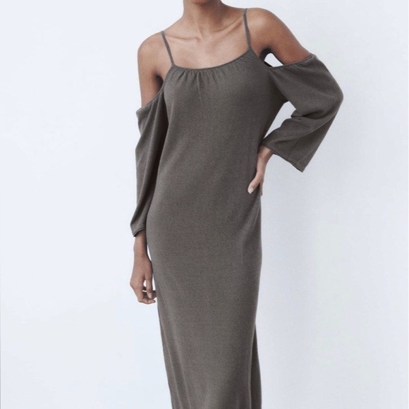Zara taupe gray linen blend off-the-shoulder midi dress - size Large (L) - Picture 1 of 4